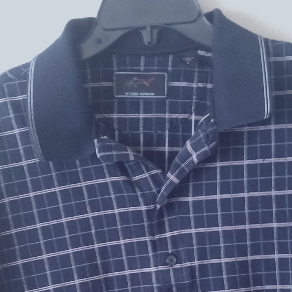 Greg Norman Polo Shirt Men Large Dark Blue Check Shark Golf Casual Short Sleeve